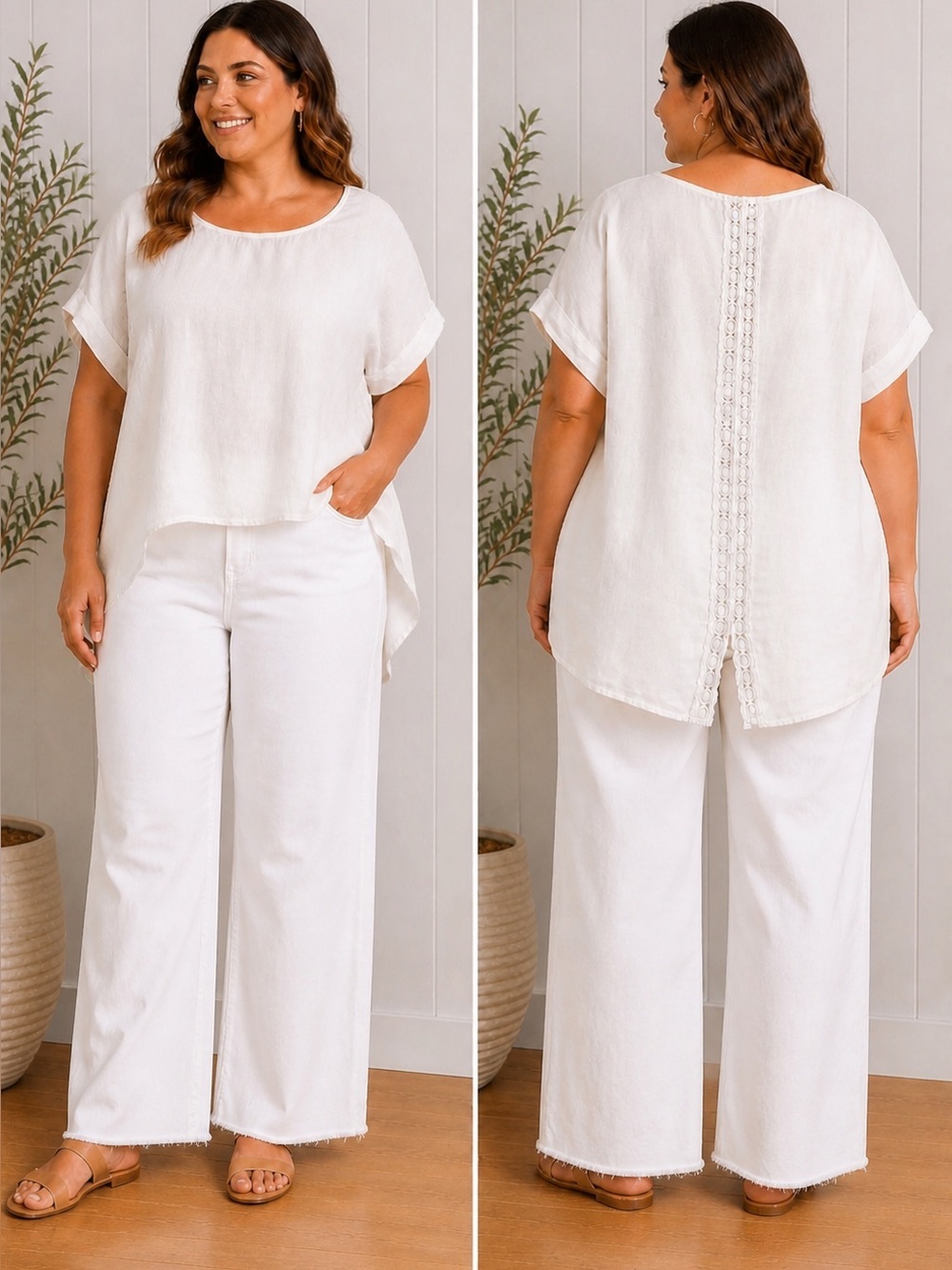 Terzo Millennio Linen Tunic Top Coastal Euro Summer Lace Back White 1X Italy